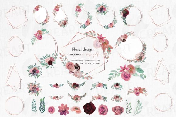 Burgundy, Blush Rosegold Floral Frames