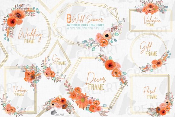 Orange Flowers with Gold Wire Frames Art
