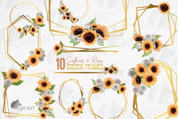 Sunflower White Roses Gold Geo Frames
