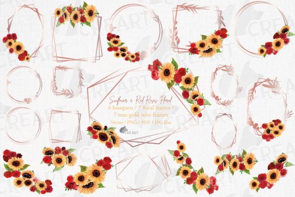 Sunflowers, Red Roses Rose Gold Frames